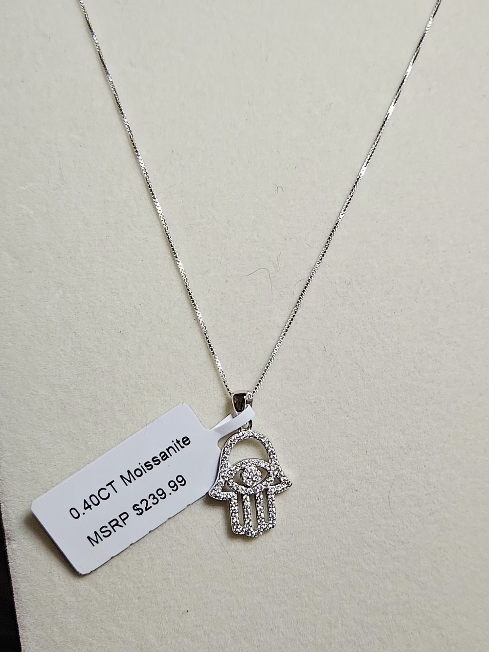 Hamsa Hand Pendant Necklace Sterling Silver with Moissanite Stones